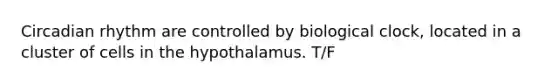 Circadian rhythm are controlled by biological clock, located in a cluster of cells in the hypothalamus. T/F