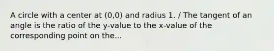 A circle with a center at (0,0) and radius 1. / The tangent of an angle is the ratio of the y-value to the x-value of the corresponding point on the...