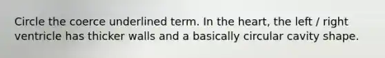 Circle the coerce underlined term. In the heart, the left / right ventricle has thicker walls and a basically circular cavity shape.