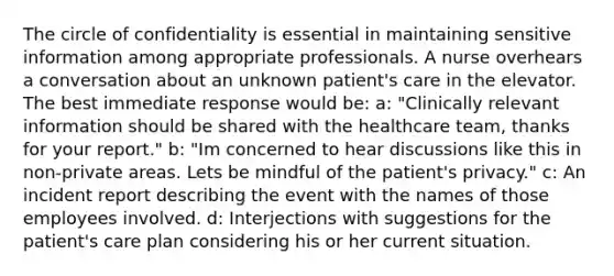 The circle of confidentiality is essential in maintaining sensitive information among appropriate professionals. A nurse overhears a conversation about an unknown patient's care in the elevator. The best immediate response would be: a: "Clinically relevant information should be shared with the healthcare team, thanks for your report." b: "Im concerned to hear discussions like this in non-private areas. Lets be mindful of the patient's privacy." c: An incident report describing the event with the names of those employees involved. d: Interjections with suggestions for the patient's care plan considering his or her current situation.