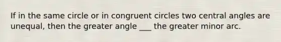 If in the same circle or in congruent circles two central angles are unequal, then the greater angle ___ the greater minor arc.