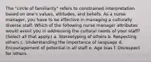 The "circle of familiarity" refers to constrained interpretation based on one's values, attitudes, and beliefs. As a nurse manager, you have to be effective in managing a culturally diverse staff. Which of the following nurse manager attributes would assist you in addressing the cultural needs of your staff? (Select all that apply.) a. Stereotyping of others b. Respecting others c. Understanding the importance of language d. Encouragement of potential in all staff e. Age bias f. Disrespect for others