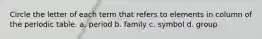 Circle the letter of each term that refers to elements in column of the periodic table. a. period b. family c. symbol d. group