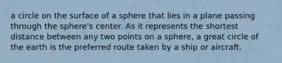 a circle on the surface of a sphere that lies in a plane passing through the sphere's center. As it represents the shortest distance between any two points on a sphere, a great circle of the earth is the preferred route taken by a ship or aircraft.