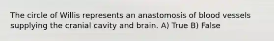 The circle of Willis represents an anastomosis of blood vessels supplying the cranial cavity and brain. A) True B) False