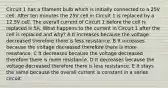 Circuit 1 has a filament bulb which is initially connected to a 25V cell. After ten minutes the 25V cell in Circuit 1 is replaced by a 12.5V cell. The overall current of Circuit 1 before the cell is replaced is 5A. What happens to the current in Circuit 1 after the cell is replaced and why? A It increases because the voltage decreased therefore there is less resistance. B It increases because the voltage decreased therefore there is more resistance. C It decreases because the voltage decreased therefore there is more resistance. D It decreases because the voltage decreased therefore there is less resistance. E It stays the same because the overall current is constant in a series circuit.