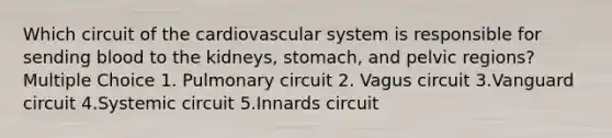 Which circuit of the <a href='https://www.questionai.com/knowledge/kCN8ytPuqL-cardiovascular-system' class='anchor-knowledge'>cardiovascular system</a> is responsible for sending blood to the kidneys, stomach, and pelvic regions? Multiple Choice 1. Pulmonary circuit 2. Vagus circuit 3.Vanguard circuit 4.Systemic circuit 5.Innards circuit