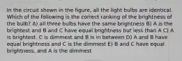 In the circuit shown in the figure, all the light bulbs are identical. Which of the following is the correct ranking of the brightness of the bulb? A) all three bulbs have the same brightness B) A is the brightest and B and C have equal brightness but less than A C) A is brightest, C is dimmest and B is in between D) A and B have equal brightness and C is the dimmest E) B and C have equal brightness, and A is the dimmest