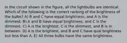 In the circuit shown in the figure, all the lightbulbs are identical. Which of the following is the correct ranking of the brightness of the bulbs? A) B and C have equal brightness, and A is the dimmest. B) A and B have equal brightness, and C is the dimmest. C) A is the brightest, C is the dimmest, and B is in between. D) A is the brightest, and B and C have qual brightness but less than A. E) All three bulbs have the same brightness.