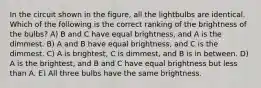 In the circuit shown in the figure, all the lightbulbs are identical. Which of the following is the correct ranking of the brightness of the bulbs? A) B and C have equal brightness, and A is the dimmest. B) A and B have equal brightness, and C is the dimmest. C) A is brightest, C is dimmest, and B is in between. D) A is the brightest, and B and C have equal brightness but less than A. E) All three bulbs have the same brightness.