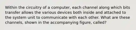 Within the circuitry of a computer, each channel along which bits transfer allows the various devices both inside and attached to the system unit to communicate with each other. What are these channels, shown in the accompanying figure, called?