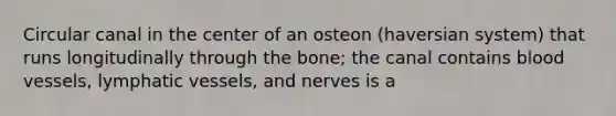 Circular canal in the center of an osteon (haversian system) that runs longitudinally through the bone; the canal contains blood vessels, lymphatic vessels, and nerves is a