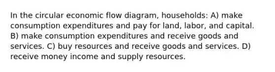 In the circular economic flow diagram, households: A) make consumption expenditures and pay for land, labor, and capital. B) make consumption expenditures and receive goods and services. C) buy resources and receive goods and services. D) receive money income and supply resources.