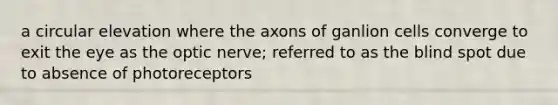 a circular elevation where the axons of ganlion cells converge to exit the eye as the optic nerve; referred to as the blind spot due to absence of photoreceptors