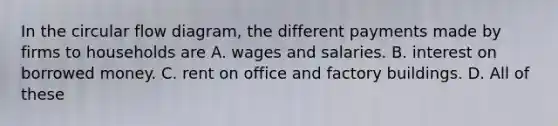 In the circular flow diagram, the different payments made by firms to households are A. wages and salaries. B. interest on borrowed money. C. rent on office and factory buildings. D. All of these