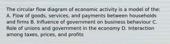 The circular flow diagram of economic activity is a model of the: A. Flow of goods, services, and payments between households and firms B. Influence of government on business behaviour C. Role of unions and government in the economy D. Interaction among taxes, prices, and profits