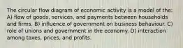 The circular flow diagram of economic activity is a model of the: A) flow of goods, services, and payments between households and firms. B) influence of government on business behaviour. C) role of unions and government in the economy. D) interaction among taxes, prices, and profits.