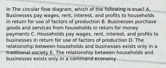 In The circular flow diagram, which of the following is true? A. Businesses pay wages, rent, interest, and profits to households in return for use of factors of production B. Businesses purchase goods and services from households in return for money payments C. Households pay wages, rent, interest, and profits to businesses in return for use of factors of production D. The relationship between households and businesses exists only in a traditional society E. The relationship between households and businesses exists only in a command economy