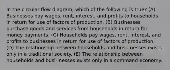 In the circular flow diagram, which of the following is true? (A) Businesses pay wages, rent, interest, and profits to households in return for use of factors of production. (B) Businesses purchase goods and services from households in return for money payments. (C) Households pay wages, rent, interest, and profits to businesses in return for use of factors of production. (D) The relationship between households and busi- nesses exists only in a traditional society. (E) The relationship between households and busi- nesses exists only in a command economy.