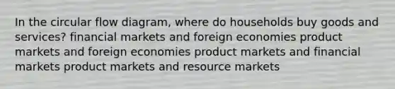 In the circular flow diagram, where do households buy goods and services? financial markets and foreign economies product markets and foreign economies product markets and financial markets product markets and resource markets