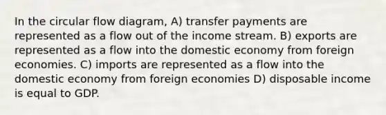 In the circular flow diagram, A) transfer payments are represented as a flow out of the income stream. B) exports are represented as a flow into the domestic economy from foreign economies. C) imports are represented as a flow into the domestic economy from foreign economies D) disposable income is equal to GDP.