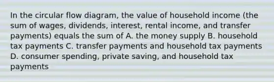 In the circular flow diagram, the value of household income (the sum of wages, dividends, interest, rental income, and transfer payments) equals the sum of A. the money supply B. household tax payments C. transfer payments and household tax payments D. consumer spending, private saving, and household tax payments