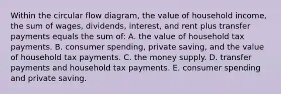 Within the circular flow diagram, the value of household income, the sum of wages, dividends, interest, and rent plus transfer payments equals the sum of: A. the value of household tax payments. B. consumer spending, private saving, and the value of household tax payments. C. the money supply. D. transfer payments and household tax payments. E. consumer spending and private saving.