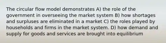 The circular flow model demonstrates A) the role of the government in overseeing the market system B) how shortages and surpluses are eliminated in a market C) the roles played by households and firms in the market system. D) how demand and supply for goods and services are brought into equilibrium