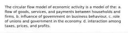 The circular flow model of economic activity is a model of the: a. flow of goods, services, and payments between households and firms. b. influence of government on business behaviour. c. role of unions and government in the economy. d. interaction among taxes, prices, and profits.