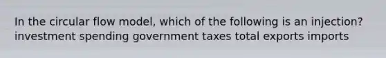 In the circular flow model, which of the following is an injection? investment spending government taxes total exports imports