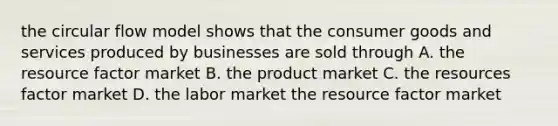 the circular flow model shows that the consumer goods and services produced by businesses are sold through A. the resource factor market B. the product market C. the resources factor market D. the labor market the resource factor market