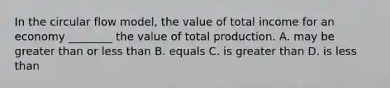 In the circular flow​ model, the value of total income for an economy​ ________ the value of total production. A. may be greater than or less than B. equals C. is greater than D. is less than