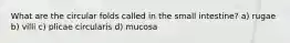 What are the circular folds called in the small intestine? a) rugae b) villi c) plicae circularis d) mucosa