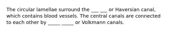 The circular lamellae surround the ___ ___ or Haversian canal, which contains blood vessels. The central canals are connected to each other by _____ _____ or Volkmann canals.