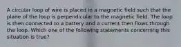 A circular loop of wire is placed in a magnetic field such that the plane of the loop is perpendicular to the magnetic field. The loop is then connected to a battery and a current then flows through the loop. Which one of the following statements concerning this situation is true?