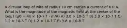 A circular loop of wire of radius 10 cm carries a current of 6.0 A. What is the magnitude of the magnetic field at the center of the loop? (μ0 = 4π × 10-7 T · m/A) A) 3.8 × 10-5 T B) 3.8 × 10-7 T C) 1.2 × 10-5 T D) 1.2 × 10-7 T E) 3.8 × 10-8 T