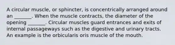 A circular muscle, or sphincter, is concentrically arranged around an _______. When the muscle contracts, the diameter of the opening _______. Circular muscles guard entrances and exits of internal passageways such as the digestive and urinary tracts. An example is the orbicularis oris muscle of the mouth.