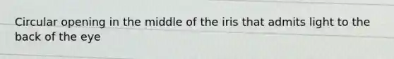 Circular opening in the middle of the iris that admits light to the back of the eye