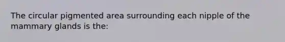 The circular pigmented area surrounding each nipple of the mammary glands is the: