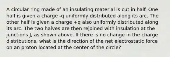 A circular ring made of an insulating material is cut in half. One half is given a charge -q uniformly distributed along its arc. The other half is given a charge +q also uniformly distributed along its arc. The two halves are then rejoined with insulation at the junctions J, as shown above. If there is no change in the charge distributions, what is the direction of the net electrostatic force on an proton located at the center of the circle?