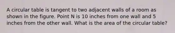 A circular table is tangent to two adjacent walls of a room as shown in the figure. Point N is 10 inches from one wall and 5 inches from the other wall. What is the area of the circular table?