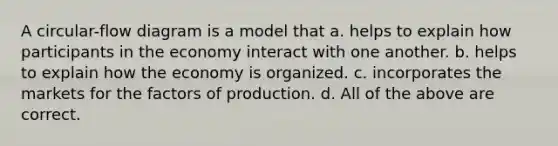 A circular-flow diagram is a model that a. helps to explain how participants in the economy interact with one another. b. helps to explain how the economy is organized. c. incorporates the markets for the factors of production. d. All of the above are correct.