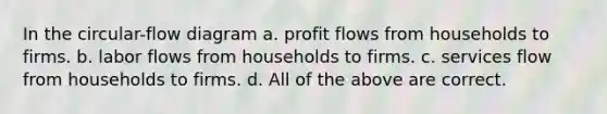 In the circular-flow diagram a. profit flows from households to firms. b. labor flows from households to firms. c. services flow from households to firms. d. All of the above are correct.