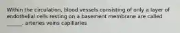 Within the circulation, blood vessels consisting of only a layer of endothelial cells resting on a basement membrane are called ______. arteries veins capillaries