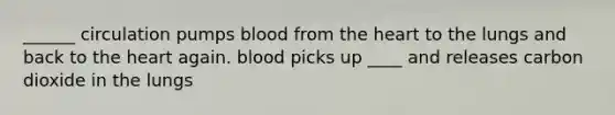 ______ circulation pumps blood from the heart to the lungs and back to the heart again. blood picks up ____ and releases carbon dioxide in the lungs