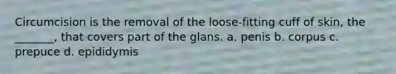 Circumcision is the removal of the loose-fitting cuff of skin, the _______, that covers part of the glans. a. penis b. corpus c. prepuce d. epididymis