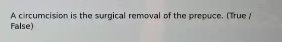 A circumcision is the surgical removal of the prepuce. (True / False)