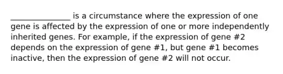 _______________ is a circumstance where the expression of one gene is affected by the expression of one or more independently inherited genes. For example, if the expression of gene #2 depends on the expression of gene #1, but gene #1 becomes inactive, then the expression of gene #2 will not occur.