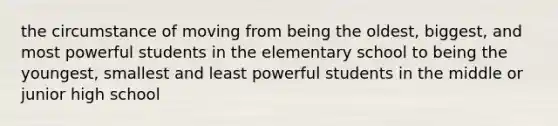 the circumstance of moving from being the oldest, biggest, and most powerful students in the elementary school to being the youngest, smallest and least powerful students in the middle or junior high school