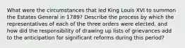 What were the circumstances that led King Louis XVI to summon the Estates General in 1789? Describe the process by which the representatives of each of the three orders were elected, and how did the responsibility of drawing up lists of grievances add to the anticipation for significant reforms during this period?